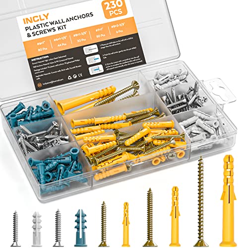 Anclas  | Kit de 230 Piezas de Anclajes y Tornillos para Paneles de Yeso, 115 Anclajes de Pared de Plástico Autoperforantes y 115 Tornillos Phillips para Paneles de Yeso, Kit de Asortimiento de Anclajes y Tornillos Galvanizados en 5 Tamaños con Caja Organizadora. Anclas Anclas