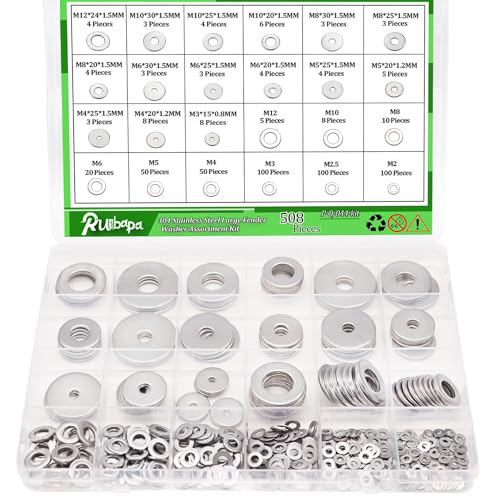 Arandelas de hardware  | 508 Piezas de Arandelas de Guardabarros para Tornillos y Pernos, Kit de Surtido de Arandelas de Guardabarros de Acero Inoxidable 304 con 24 Tamaños Diferentes – M2, M2.5, M3, M4, M5, M6, M8, M10, M12 para Uso Doméstico e Industrial. Arandelas de hardware Arandelas de hardware