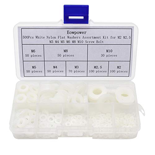 Arandelas de hardware  | Eowpower Kit de 5 Piezas de Arandelas Planas de Nylon Blancas para Tornillos y Pernos M2 M2.5 M3 M4 M5 M6 M8 M1 Arandelas de hardware Arandelas de hardware