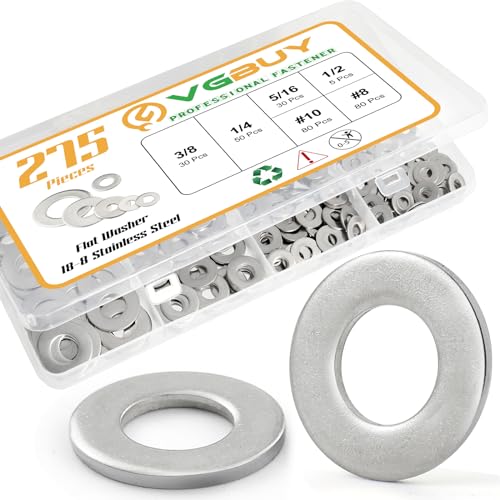 Arandelas de hardware  | Kit de 275 Piezas de Arandelas, Arandelas Planas de Acero Inoxidable 304 Engrosadas para Tornillos, Arandelas Metálicas Asortidas para Pernos, Juego de Arandelas SAE #8, 10, 1/4, 5/16, 3/8, 1/2. Arandelas de hardware Arandelas de hardware