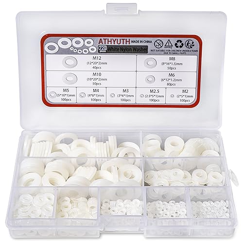 Arandelas de hardware  | Kit de 720 Piezas (9 Tamaños) Arandelas Redondas de Nylon Blancas, Anillos de Junta Planos, Arandelas de Sellado, Surtido de Hardware para Tornillos y Tuercas. Arandelas de hardware Arandelas de hardware