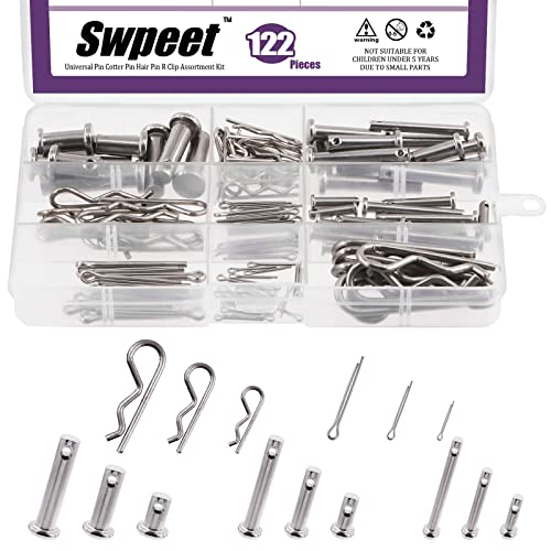 Clavos  | Swpeet 122 Piezas 34 Pasador Clevis de Acero Inoxidable M4 M6 M8 con Pasador de Seguridad y Clips de Acero Zincado M1.5 M2 M3, Juego de Sujetadores, Clips de Pasador de Enganche, Sujetador de Ubicación de Agujero, Pasador Redondo en Forma de T. Clavos Clavos