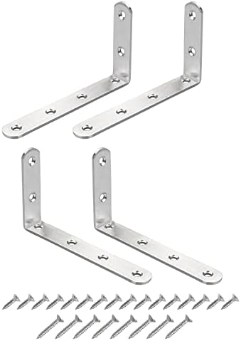 Frenos  | Soportes de esquina en L de 4.92″ x 2.95″ (LxW) – Paquete de 4 – Ideales para reparar muebles de madera – Soportes de ángulo recto de acero inoxidable con tornillos – Color plateado Frenos Frenos