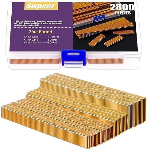 Grampas  | Swpeet 281 Contadores 3 Tamaños K413 K419 K425 18 Calibre Aproximadamente 1/4″×1/2″/3/4″/1″ Grapas de Corona Estrecha Doradas, Grapas con Acabado Galvanizado, Paquete de Proyecto de Tamaños Variados para Grapadora Neumática y Eléctrica Grampas Grampas