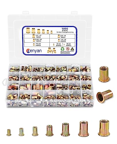 Insertos roscados  | Kit de Tuercas Remachadas, Juego de Herramientas de Tuercas Remachadas de 19 Piezas, Conjunto de Tuercas Remachadas de Acero al Carbono, Tuerca Remachada de Cabeza Plana con Rosca, Tamaños #6-32, 8-32, 1-24, 1/4”-2, 5/16”-18, 3/8”-16, 1/2”-13 Insertos roscados Insertos roscados