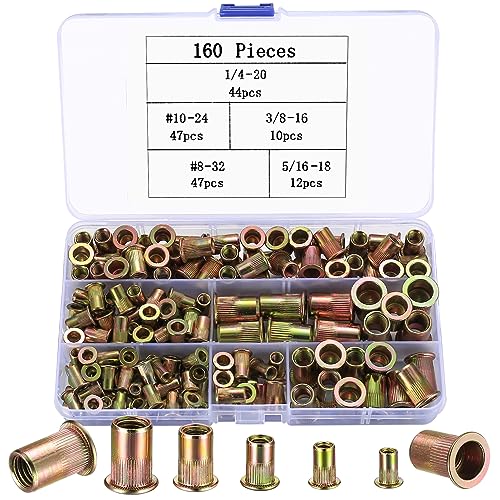 Insertos roscados  | Kit de Tuercas Remachadas, Kit de Asortimiento de 16 Piezas de Tuercas Remachadas SAE y Métricas, Tuercas Remachadas de Cabeza Plana, Inserciones Rosqueadas, Kit de Tuercas Remachadas, Acabado de Zinc Amarillo, 1/4″-2, 1#-24, 3/8″-16, 8#-32, 5/16″-18 Insertos roscados Insertos roscados