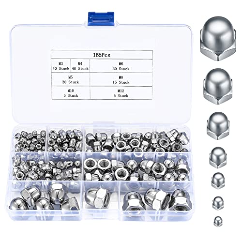 Juegos de assortimento de tuercas y tornillos  | Cubiertas de pernos en forma de bellota Hex, 165 piezas de tuercas con tapa en forma de bellota, tapas de tuercas en forma de cúpula negras, tapas protectoras de tuercas de perno en forma de cúpula de acero inoxidable para proteger roscas, varillas y pernos, M3 M4 M5 M6 M8 M1 M12 (plateado) Juegos de assortimento de tuercas y tornillos Juegos de assortimento de tuercas y tornillos