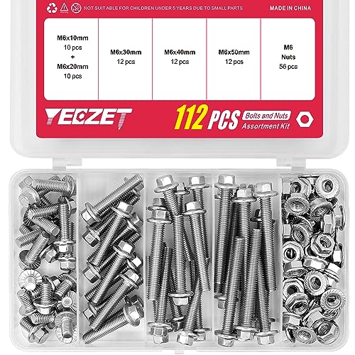 Juegos de assortimento de tuercas y tornillos  | Kit de 112 Piezas de Tornillos y Tuercas Hexagonales con Flange de Acero Inoxidable 304 M6 – 10Mm, 20Mm, 30Mm, 40Mm, 50Mm Juegos de assortimento de tuercas y tornillos Juegos de assortimento de tuercas y tornillos