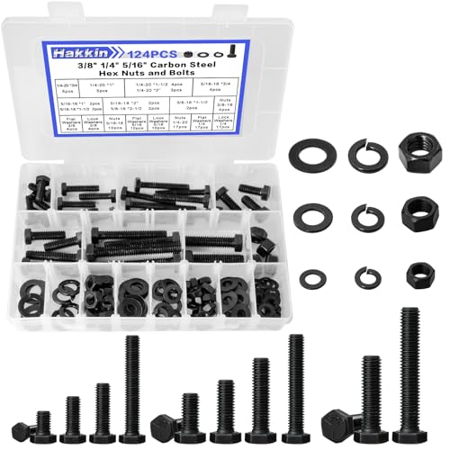 Juegos de assortimento de tuercas y tornillos  | Kit de 124 Piezas de Tuercas y Tornillos Hexagonales 1/4-20, 5/16-18, 3/8-16, Tornillos y Tuercas de Acero al Carbono Grado 8.8 de Alta Resistencia, Kit Variado de Tornillos, Tuercas y Arandelas con Estuche de Almacenamiento (Negro) Juegos de assortimento de tuercas y tornillos Juegos de assortimento de tuercas y tornillos