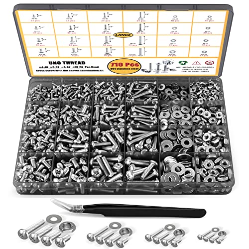 Juegos de assortimento de tuercas y tornillos  | Kit de 710 Piezas de Tuercas y Tornillos, Asortimento de Tornillos Phillips de Cabeza Pan 4-40, 6-32, 8-32, 10-24, Tuercas de Acero Inoxidable, Arandelas Planas, Tuercas y Tornillos con Estuche (Negro) Juegos de assortimento de tuercas y tornillos Juegos de assortimento de tuercas y tornillos