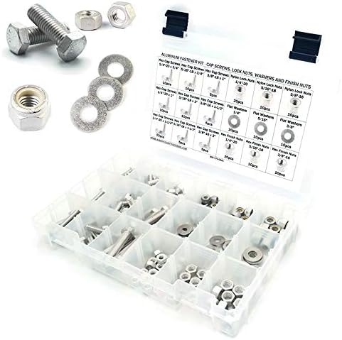 Juegos de assortimento de tuercas y tornillos  | Kit de Surtido de Tornillos Hexagonales de Aluminio con Tuercas de Bloqueo de Nylon, Tuercas Hexagonales y Arandelas Planas 1/4″-20 a 3/8″-16 – 191 Piezas Juegos de assortimento de tuercas y tornillos Juegos de assortimento de tuercas y tornillos