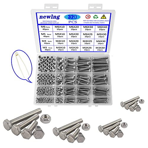 Juegos de assortimento de tuercas y tornillos  | Kit de Surtido de Tornillos y Tuercas M3 M4 M5 M6 – 320 Piezas de Acero Inoxidable 304 con Cabeza Hexagonal – Juego de Tornillos y Tuercas – Fijaciones para Reparaciones en el Hogar con Caja de Combinación. Juegos de assortimento de tuercas y tornillos Juegos de assortimento de tuercas y tornillos