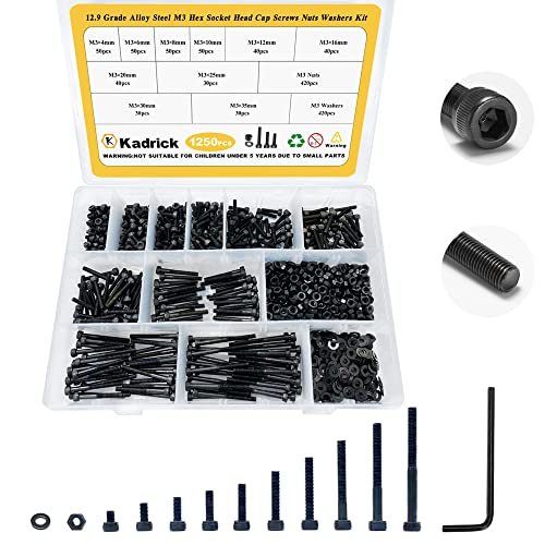 Juegos de tornillos y pernos  | 1250 Piezas de Tornillos y Tuercas M3, Asortimento M3X4Mm-35Mm, Kit de Tornillos de Cabeza Hexagonal Métricos M3, Acero Aleado Grado 12.9, Mejorado y Antioxidante, Recubierto de Zinc Negro, Incluye Llave Allen Gratuita. Juegos de tornillos y pernos Juegos de tornillos y pernos