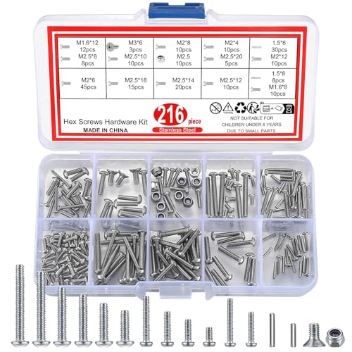 Juegos de tornillos y pernos  | 216 Piezas Tornillos de Cabeza Hexagonal con Casquillo y Tuercas, Kit de Surtido de Tornillos de Máquina de Cabeza Pan de Acero Inoxidable, Kit de Hardware de Tornillos de Cabeza Hexagonal – Clavos de Metal 1.5/M1.6/M2/M2.5/M3 Juegos de tornillos y pernos Juegos de tornillos y pernos