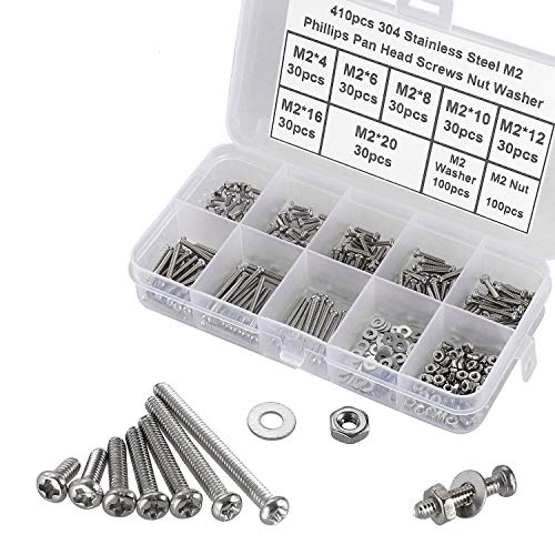 Juegos de tornillos y pernos  | 41 Piezas de Tornillos de Cabeza Pan Phillips Pequeños, Acero Inoxidable 18-8, M2 X 4/6/8/1/12/16/2Mm, Kit de Surtido de Tornillos de Cabeza Redonda Micro/Mini, Tuercas y Arandelas, Paso Totalmente Rosado: 0.4Mm Juegos de tornillos y pernos Juegos de tornillos y pernos