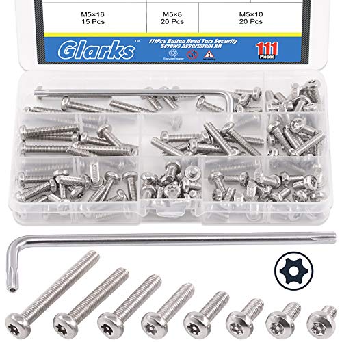 Juegos de tornillos y pernos  | Glarks 111 Piezas Tornillos de Seguridad Torx de Cabeza Pan M5 X 8Mm 1Mm 12Mm 16Mm 2Mm 25Mm 3Mm 4Mm – 34 Tornillos de Acero Inoxidable Resistentes a Manipulación, Juego de Surtido con Llave T25 Juegos de tornillos y pernos Juegos de tornillos y pernos