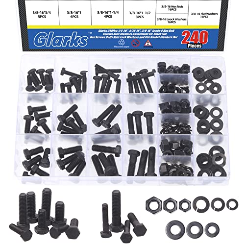 Juegos de tornillos y pernos  | Glarks 24 Piezas Tornillos de Cabeza Hexagonal de Grado 8 de 1/4″-2, 5/16″-18, 3/8″-16, Kit de Surtido de Tuercas, Arandelas y Tornillos Hexagonales Negros, Juego de Tornillos de Cabeza Plana, Tuercas, Arandelas de Bloqueo y Arandelas Planas. Juegos de tornillos y pernos Juegos de tornillos y pernos