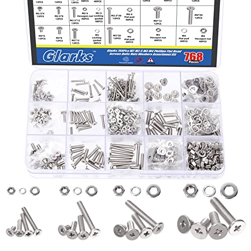 Juegos de tornillos y pernos  | Glarks 768 Piezas Tornillos de Cabeza Phillips Planos M2 M2.5 M3 M4 con Tuercas Hexagonales y Arandelas Planas, Juego de Arandelas de Bloqueo, 34 Acero Inoxidable Juegos de tornillos y pernos Juegos de tornillos y pernos