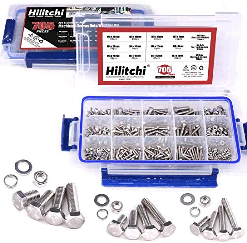 Juegos de tornillos y pernos  | Hilitchi Kit de Surtido de 75 Piezas de Tornillos de Cabeza Hexagonal M3 M4 M5, Tuercas, Arandelas Planas y de Seguridad, 34 Acero Inoxidable, Longitud de 8 a 20 mm, Rosca Completa Juegos de tornillos y pernos Juegos de tornillos y pernos