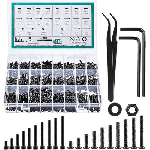 Juegos de tornillos y pernos  | Juego de 1683 Piezas de Tornillos M3, Asortimento de Tornillos y Tuercas M3, Asortimento Métrico de Tornillos de Máquina en Acero Aleado 12.9 y 10.9, Tornillos de Cabeza Hexagonal con Recubrimiento de Zinc Negro y Tornillos de Cabeza de Casquillo. Juegos de tornillos y pernos Juegos de tornillos y pernos