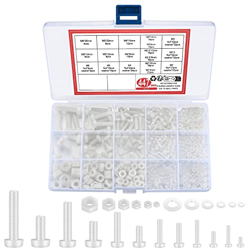 Juegos de tornillos y pernos  | Juego de 447 Piezas de Tornillos, Tuercas y Arandelas de Plástico Nylon Blanco con Cabeza Redonda, Tornillos de Cabeza Hexagonal Métricos Completamente Rosacados – M2/M2.5/M3/M4/M5/M6 Juegos de tornillos y pernos Juegos de tornillos y pernos