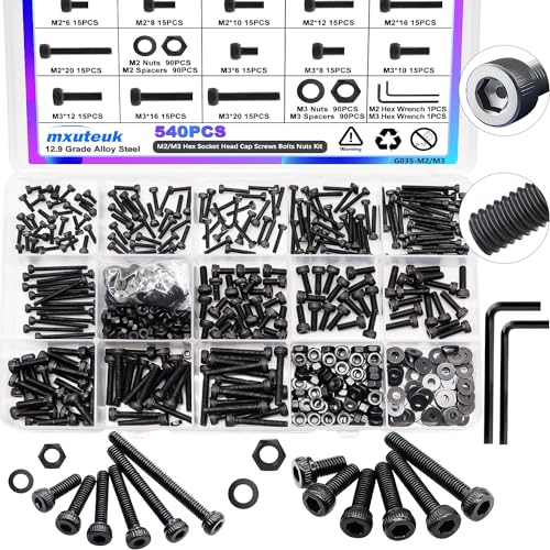 Juegos de tornillos y pernos  | Juego de 540 Pcs de Tornillos Métricos M2 M3, Ideal para Impresora 3D DIY, Kit de Tornillos de Cabeza Hexagonal, Tuercas y Pernos, Tornillos Variados de Acero Aleado Grado 12.9 con Recubrimiento de Zinc Negro y Llave Hexagonal. Juegos de tornillos y pernos Juegos de tornillos y pernos