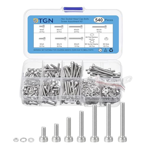 Juegos de tornillos y pernos  | Juego de 540 Piezas de Tornillos Métricos, Kit de Pernos y Tuercas M3, Tornillos de Cabeza Hexagonal de Acero Inoxidable 304 M3X6/8/10/12/16/20/25/30Mm con Arandela. Juegos de tornillos y pernos Juegos de tornillos y pernos