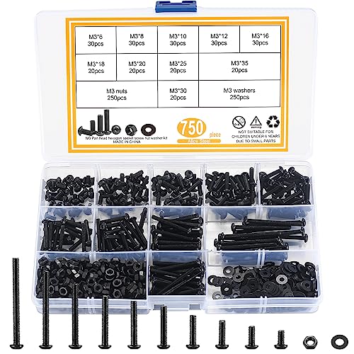 Juegos de tornillos y pernos  | Juego de tuercas y tornillos métricos, 75 piezas de tornillos de cabeza redonda hexagonales M3 y tuercas hexagonales con arandelas planas, con acabado negro y accionamiento hexagonal Allen, totalmente roscados, acero aleado de grado 1.9. Juegos de tornillos y pernos Juegos de tornillos y pernos