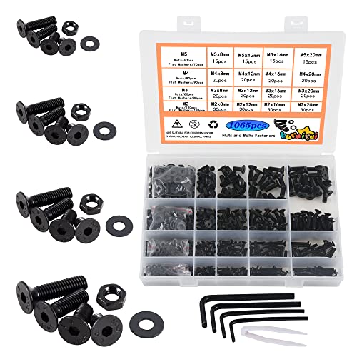 Juegos de tornillos y pernos  | Juego variado de tuercas, tornillos y arandelas M2 M3 M4 M5, kit de 1065 piezas de tornillos de cabeza hexagonal negra y tuercas, juego de tornillos hexagonales para máquina, kit de herramientas de reparación de fijaciones. Juegos de tornillos y pernos Juegos de tornillos y pernos