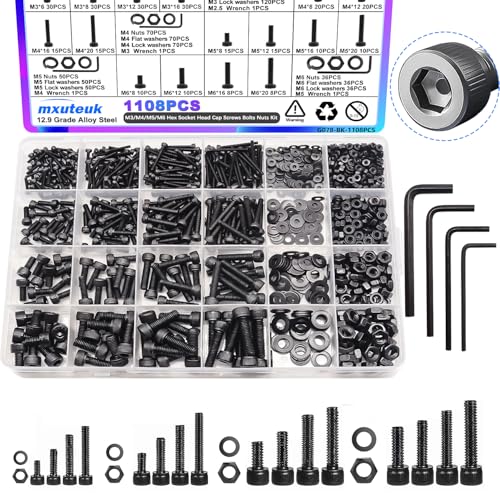 Juegos de tornillos y pernos  | Kit de 1108 Piezas de Tornillos Métricos de Cabeza Hexagonal con Casquillo M3 M4 M5 M6, Tornillos de Cabeza Hexagonal de Acero al Carbono 12.9, Kit de Tuercas y Tornillos con 4 Llaves Hexagonales. Juegos de tornillos y pernos Juegos de tornillos y pernos