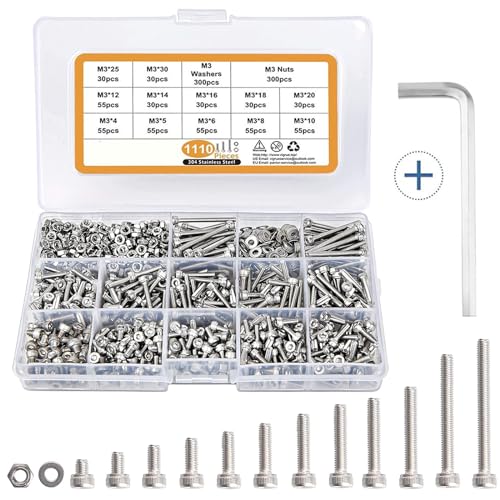 Juegos de tornillos y pernos  | Kit de 1110 Piezas de Tornillos y Tuercas Métricas M3, Tornillos de Cabeza Hexagonal de Acero Inoxidable 304 con Arandelas Planas, Juego de Tornillos y Tuercas M3 de 4/5/6/8/10/12/14/16/18/20/25/30 Mm con Llave Allen. Juegos de tornillos y pernos Juegos de tornillos y pernos