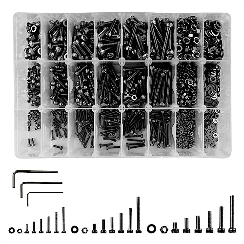 Juegos de tornillos y pernos  | Kit de 1200 Piezas de Tornillos Métricos Negros, Kit de Perfiles de Tornillos y Tuercas de Acero Aleado M2 M3 M4 12.9, Tornillos de Cabeza Hexagonal, Tuercas y Arandelas, Tornillos de Máquina para Proyectos en Casa. Juegos de tornillos y pernos Juegos de tornillos y pernos