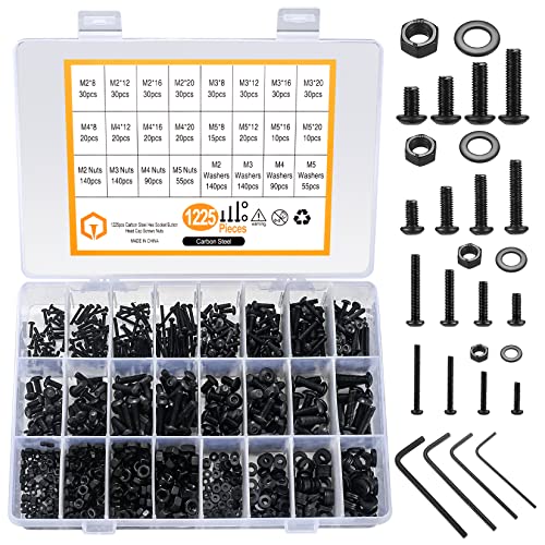 Juegos de tornillos y pernos  | Kit de 1225 Piezas de Tornillos de Cabeza Hexagonal con Botón M2 M3 M4 M5, Tuercas, Arandelas Planas, Tornillos de Máquina de Acero al Carbono Negros y Juego de Tuercas y Arandelas (1225Negro) Juegos de tornillos y pernos Juegos de tornillos y pernos