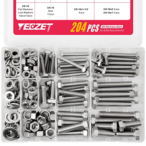 Juegos de tornillos y pernos  | Kit de 204 Piezas de Pernos y Tuercas Hexagonales de 1/4″, 5/16″ y 3/8″ de Alta Resistencia en Acero Inoxidable 304 Juegos de tornillos y pernos Juegos de tornillos y pernos