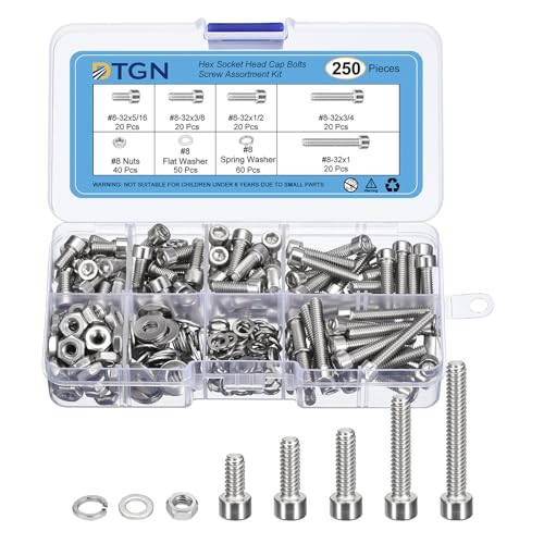 Juegos de tornillos y pernos  | Kit de 250 Piezas de Tornillos y Tuercas #8-32, Asortimento de Tornillos #8-32, Tornillos de Cabeza Hexagonal de Acero Inoxidable 304 de 5/16″, 3/8″, 1/2″, 3/4″, 1″ con Arandelas para Impresión 3D y Proyectos de DIY. Juegos de tornillos y pernos Juegos de tornillos y pernos