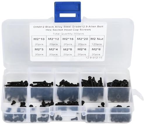 Juegos de tornillos y pernos  | Kit de 300 Piezas de Tornillos y Tuercas Hexagonales M2, Tornillos de 3-20 mm, Acero Aleado Negro de Grado 12.9 Antioxidante con Estuche de Almacenamiento. Juegos de tornillos y pernos Juegos de tornillos y pernos