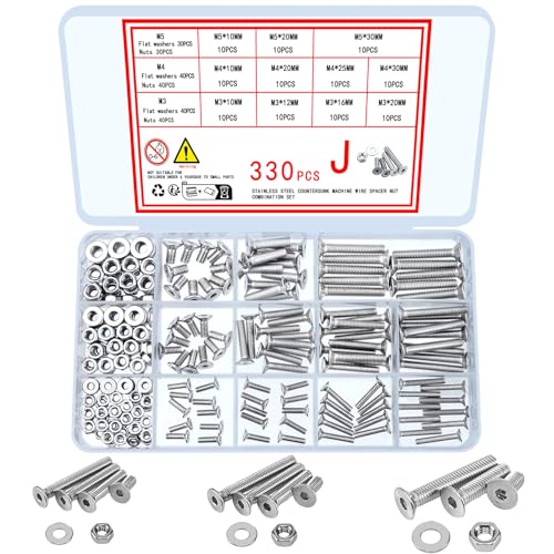 Juegos de tornillos y pernos  | Kit de 33 Piezas de Tornillos de Cabeza Avellanada de Hexágono, Tuercas y Arandelas, M3 M4 M5 Tornillos Métricos de Acero Inoxidable y Tuercas para Uso Industrial y Doméstico. Juegos de tornillos y pernos Juegos de tornillos y pernos