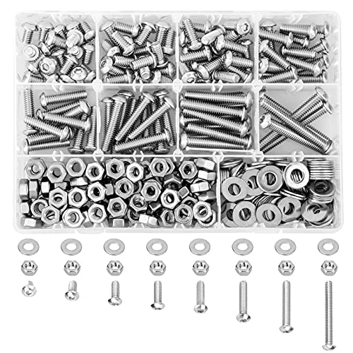 Juegos de tornillos y pernos  | Kit de 330 Piezas de Tornillos de Cabeza de Botón Hexagonal SAE 1/4-20 UNC de Acero Inoxidable 304, Incluye Arandelas Planas y Tuercas, 8 Tamaños (Longitud de 3/8″ a 2″), Juego de Tornillos de Máquina con Caja de Almacenamiento. Juegos de tornillos y pernos Juegos de tornillos y pernos