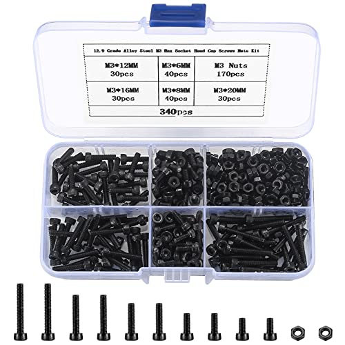 Juegos de tornillos y pernos  | Kit de 34 Piezas de Tornillos de Cabeza Hexagonal y Tuercas, Tornillos y Tuercas de Acero Aleado Negro Métrico M3 para Impresoras 3D DIY – M3 x 6mm/8mm/10mm/12mm/16mm/20mm Juegos de tornillos y pernos Juegos de tornillos y pernos