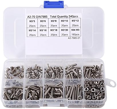 Juegos de tornillos y pernos  | Kit de 340 Piezas de Tornillos, Tuercas y Pernos Phillips de Cabeza Pan M3 en Acero Inoxidable, Juego de Surtido con Rosca Completa y Acabado Liso Juegos de tornillos y pernos Juegos de tornillos y pernos