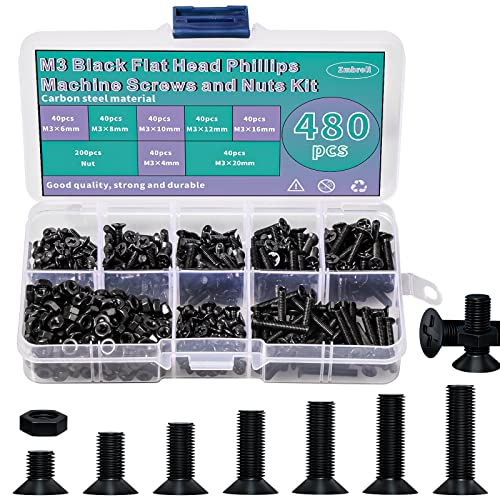 Juegos de tornillos y pernos  | Kit de 48 Piezas de Tornillos de Cabeza Plana M3, Tornillos Phillips Negros, Tuercas y Pernos, Variedad de M3 x 4mm/6mm/8mm/10mm/12mm/16mm/20mm. Juegos de tornillos y pernos Juegos de tornillos y pernos