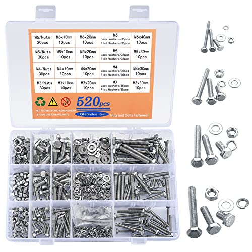 Juegos de tornillos y pernos  | Kit de 52 Piezas de Tornillos y Tuercas de Cabeza Hexagonal con Arandelas Planas, Tornillos de Máquina de Acero Inoxidable M3/M4/M5/M6 de Alta Resistencia Completamente Rosados y Kit de Tuercas y Arandelas (52 Plateados) Juegos de tornillos y pernos Juegos de tornillos y pernos