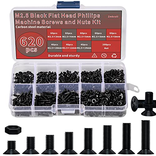 Juegos de tornillos y pernos  | Kit de 62 Piezas de Tornillos de Cabeza Plana M2.5, Tornillos Phillips Negros, Tuercas y Pernos, Tamaños M2.5 x 3Mm/4Mm/5Mm/6Mm/8Mm/10Mm/12Mm/14Mm. Juegos de tornillos y pernos Juegos de tornillos y pernos