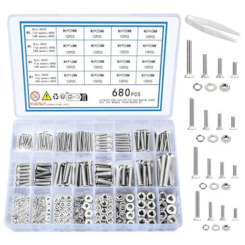 Juegos de tornillos y pernos  | Kit de 68 Piezas de Tornillos, Tuercas y Arandelas, Juego de Tornillos de Cabeza Plana de Acero Inoxidable M3 M4 M5 M6, Tuercas y Tornillos de Cabeza Avellanada. Juegos de tornillos y pernos Juegos de tornillos y pernos