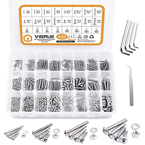 Juegos de tornillos y pernos  | Kit de 820 Piezas de Tornillos de Cabeza de Botón M4 M3 M2.5 M2, Tuercas y Arandelas, Juego de Tornillos Métricos de Acero Inoxidable 304, Kit de Tornillos y Tuercas Pequeñas Juegos de tornillos y pernos Juegos de tornillos y pernos