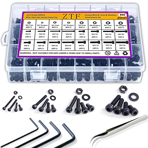 Juegos de tornillos y pernos  | Kit de 84 Piezas de Tornillos de Cabeza Cilíndrica M2 M3 M4 M5 con Tuercas y Caja de Almacenamiento, Tornillos de Máquina de Acero Aleado Grado 12.9 con Rosca Métrica, Acabado de Óxido Negro Din 912, Incluye 4 Llaves Hexagonales. Juegos de tornillos y pernos Juegos de tornillos y pernos