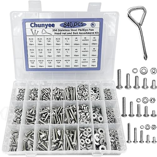 Juegos de tornillos y pernos  | Kit de 840 Piezas de Tuercas y Tornillos, Kit de Tornillos de Cabeza Pan Phillips #6-32, #8-32, #10-24, Kit de Tuercas y Tornillos de Acero Inoxidable con Arandelas Planas/De Bloqueo, Destornillador y Caja. Juegos de tornillos y pernos Juegos de tornillos y pernos