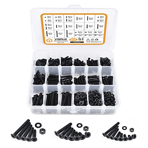 Juegos de tornillos y pernos  | Kit de 900 Piezas de Tornillos de Cabeza Plana Phillips M3 M4 M5, Tuercas y Arandelas, Acero Aleado con Óxido Negro, Rosca Completa, Tornillos Countersunk Negros Variados Juegos de tornillos y pernos Juegos de tornillos y pernos