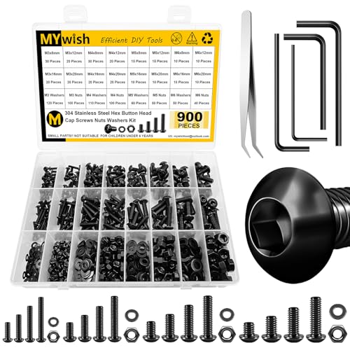 Juegos de tornillos y pernos  | Kit de Asortimento de Tornillos Métricos de 9 Piezas, Tornillos M3 M4 M5 M6, Tuercas y Arandelas Planas, Tornillos de Cabeza Hexagonal de Acero Aleado Grado 1.9, Llaves, Totalmente Rosados, Kit de Asortimento de Tornillos de Máquina Negros. Juegos de tornillos y pernos Juegos de tornillos y pernos