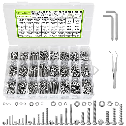 Juegos de tornillos y pernos  | Kit de surtido de 1059 piezas de tuercas y tornillos, tornillos de cabeza plana Phillips #2-56, #4-40, #6-32, #8-32, #10-24, #12-24, tornillos de máquina, 26 tamaños de tornillos de acero inoxidable 304, surtido de tuercas y tornillos con organizador de tornillos. Juegos de tornillos y pernos Juegos de tornillos y pernos